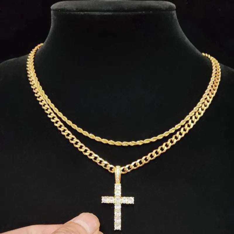 IceWays Mosaic Iced Cross Pendant Chain