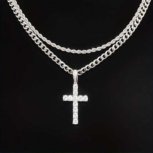 IceWays Mosaic Iced Cross Pendant Chain