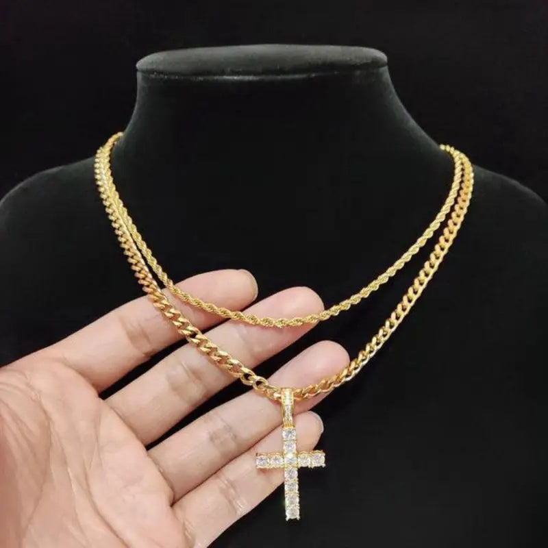 IceWays Mosaic Iced Cross Pendant Chain